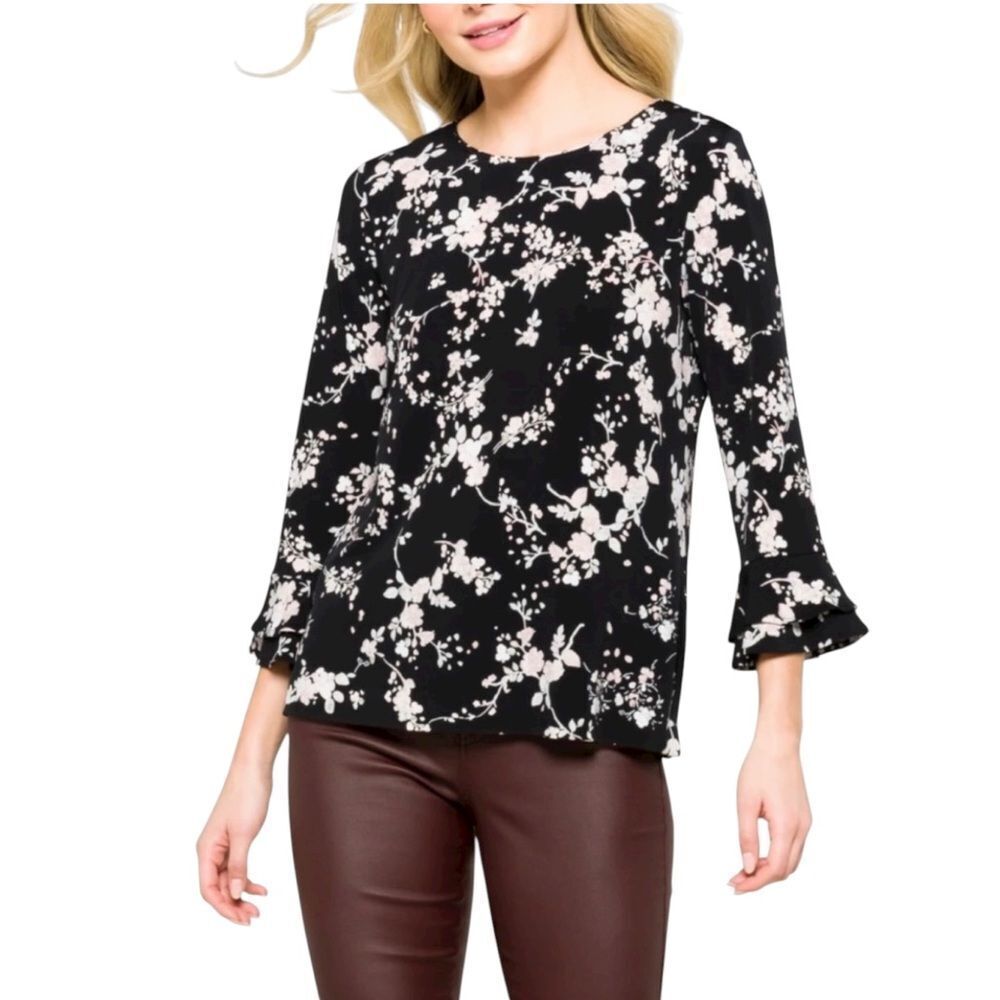 Karl Lagerfeld Black Floral Ruffle Trumpet Sleeve Tunic Top